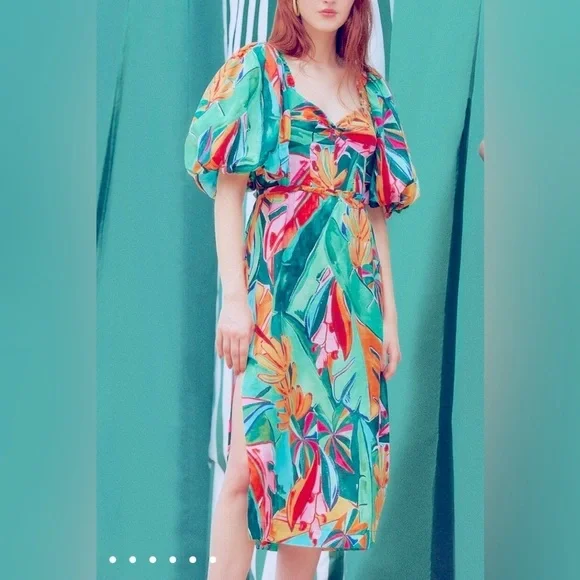 Farm Rio Banana Foliage Multicolor Puff Sleeve Dress L - Picture 2 of 5